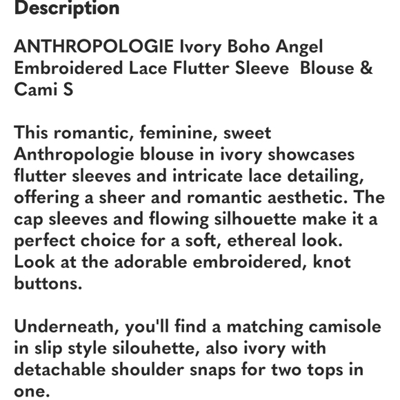 ANTHROPOLOGIE Cream Lace Flutter Sleeve Romantic Fairy Boho Gypsy Blouse Cami S - Picture 16 of 16